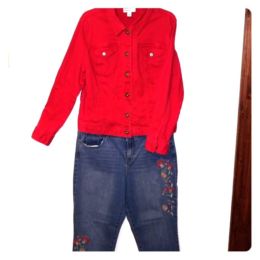 Style & CO Red Floral Design Denim Jacket & Pants